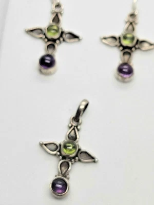 Vtg Native American sterling silver gemstone Shadowbox cross pendant & earrings  - Image 1 of 4