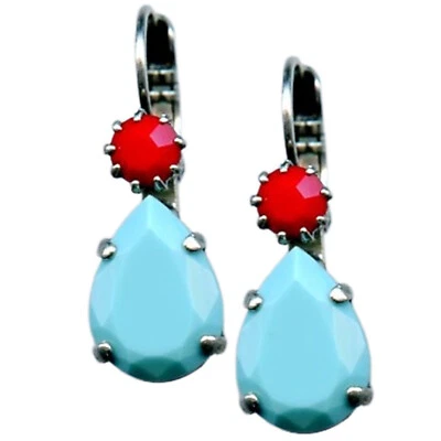 Mariana Earrings Beautiful Red Coral & Turquoise Austrian Crystals Cindy Icon... - Image 1 of 3