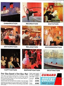 Original 1963 Reklame CUNARD QUEENS (Schiffe) First Class Kreuzfahrten Vintage Print Ad - Bild 1 von 2