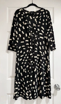 Karen Kane Black Ivory Geometric Print 3/4 Sleeve Wrap Midi Dress Size 2X - Image 1 of 4