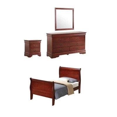 Pemberly Row Set of 4 Twin Sleigh Bed & Dresser & Nightstand & Mirror in Cherry - Image 1 of 4