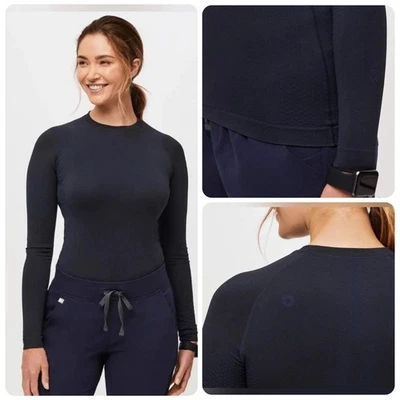 FIGS Womens Salta Seamless Long Sleeve Underscrub Top Size XL Navy Medical Layer - Image 1 of 4