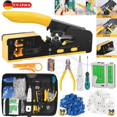 RJ45 Crimpzange + 50 Cat6 Stecker Set Netzwerk Werkzeug Lan Kabel Zange Cat7/6/5 - Bild 1 von 4
