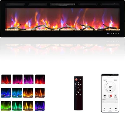 60" Wall-Mounted Electric Fireplace 1500W Smart WiFi Alexa Touch Remote Control - Image 1 of 4
