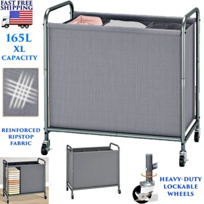 LARGE LAUNDRY ROLLING HAMPER 3-SECTION HEAVY DUTY STEEL SORTER WHEELS LOCK 165L - Image 1 of 4