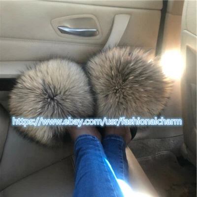  Max Large XXL Real Natural Raccoon Fur Slides Womens Sandals Slippers Shoes  - Imagem 1 de 4