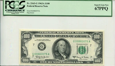 Fr 2163-G 1963A $100 Federal Reserve 67 PPQ SUPERB GEM NEW 2 of 3 Consecutive - Image 1 of 2