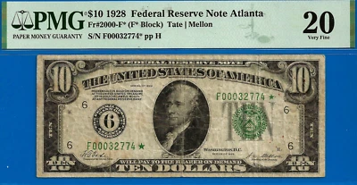 1928 $10 Federal Reserve Note PMG 20 rare 8 known Atlanta star Fr 2000-F* - Image 1 of 3