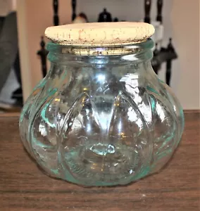 Biscuit Jar Aqua Blue Tinted Glass Melon Pattern Made In Italy / All Cork Lid - Picture 1 of 9