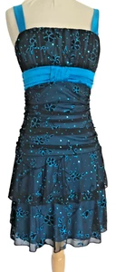 Vintage Y2K Blue Fairy Dress, M Petite, Teen, Ruched Sparkle, Stufenrock, Ripp - Bild 1 von 6