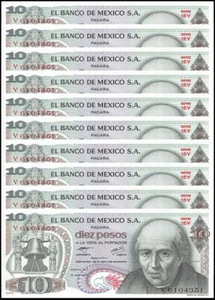 Mexico 10 Pesos, 1977, P-63i, UNC, Signature Varies X 10 PCS - Picture 1 of 2