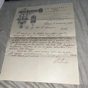 Antique 1908 Letter: V Zanetti Padova Factory Letterhead Italy Italia Garibaldi - Picture 1 of 3