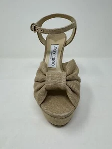 JIMMY CHOO Womens Beige Bow 1" Platform Heloise 120 Open Heeled Linen Sandal 35 - Picture 1 of 12