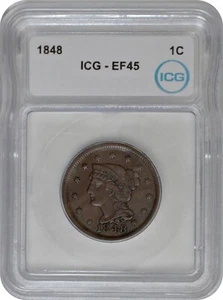 1848 Braided Hair Large Cent 1C Penny XF Extra Fine ICG EF45 - Picture 1 of 3