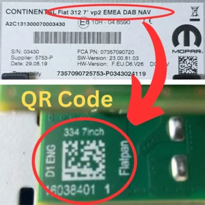 CONTINENTAL Fiat 312 334 520 7'in VP2 EMEA for FIAT 500 JEEP radio Unlock Code - Picture 1 of 3