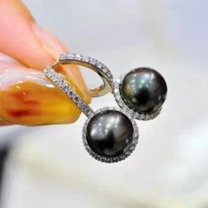 925 Silver Wedding Drop Earring Pretty Women Black Pearl Jewelry A Pair - Bild 1 von 6
