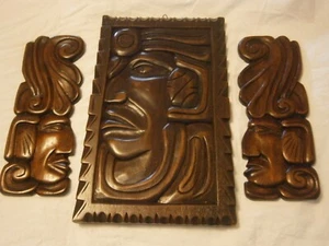 Vtg Hand carved Wood Tribal Tiki Bar Tribal Wall plaque Art Decor-set of 3-mint - Picture 1 of 11
