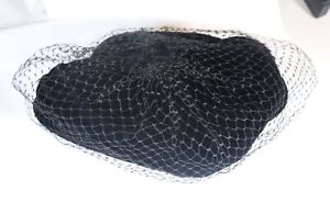 Vintage Union Made Black Velvet Mesh Net Pillbox Fascinator Hat Size 6