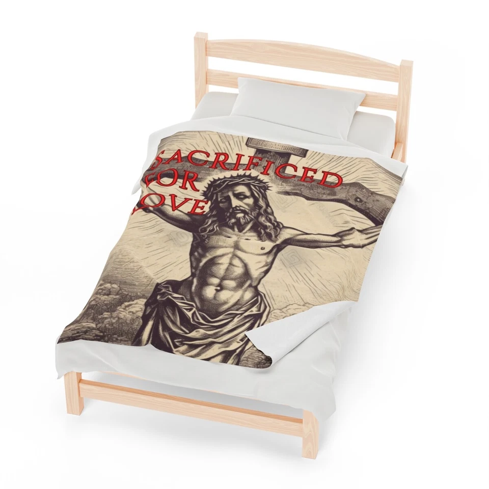 Velveteen Plush Blanket Jesus Christ "Sacrificed For Love" 50x60 Cross Religious - Image 1 of 1