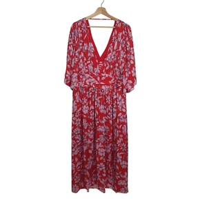 Wayne Cooper Size 16 Red Pink Floral short Flare Sleeve Pleated Waist Maxi Dress - Picture 1 of 9