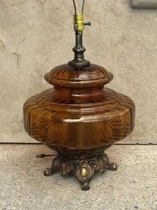 MCM XL Mid Century Modern Hollywood Regency Iridescent Amber Glass Table Lamp - Picture 1 of 11