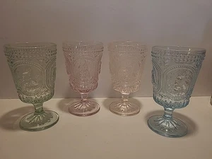 Easter Bunny Hobnail Victorian Footed Goblets Glasses 2 Light Pink 1 Blue 1 Gree - Picture 1 of 5