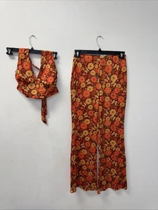 SHEIN  Boho Paisley Flare Pull On Pants Rust Orange size L  1960's-70's 2 Piece - Picture 1 of 9