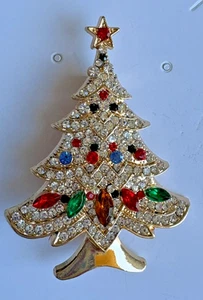 Spilla Albero di Natale Ciondolo Spilla Cristallo Strass Tono Oro Nuova - Foto 1 di 4
