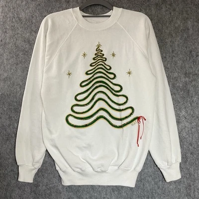 Sudadera Vintage Mujer Mediana Blanca Árbol de Navidad Fiesta Hecha en EE. UU. * Foto 1 de 4