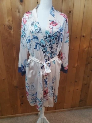 Linea Donatella Talla L XL Satén Encaje Ribete Envolvente Bata Floral Tropical Foto 1 de 4