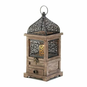 Metal Large Brown Wooden Flip Top Candleholder Lantern Indoor Decor - Picture 1 of 4