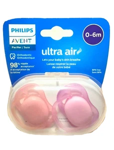 (0-6m) Avent Ultra Air 2-Pack Pacifiers - Pink/Coral BPA Free + Sterilizing Case - Picture 1 of 2