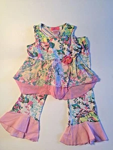 Girl's PINK TANGERINE Boutique BABY NAY Green FLORAL TOP & CAPRI Pant SET Size 6 - Picture 1 of 4