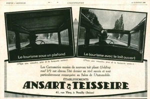 Publicité ancienne automobile toit pliant Ansart & Teisseire 1928 issue magazine - Imagen 1 de 1