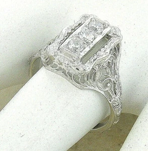 THREE-STONE ART DECO STYLE 925 STERLING SILVER CUBIC ZIRCONIA FILIGREE RING 699X - Picture 1 of 4