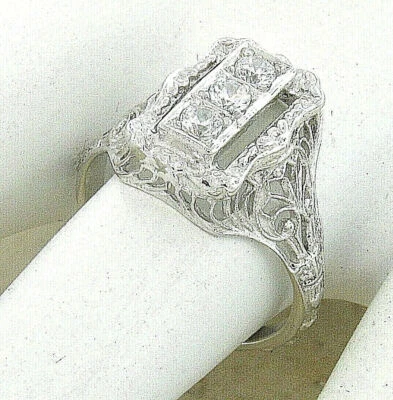 THREE-STONE ART DECO STYLE 925 STERLING SILVER CUBIC ZIRCONIA FILIGREE RING 699X - Image 1 of 4