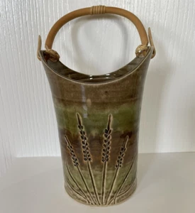 Art Pottery Stoneware Vase - Impression of Wheat - Pail Bamboo Handle - Signed - Picture 1 of 6