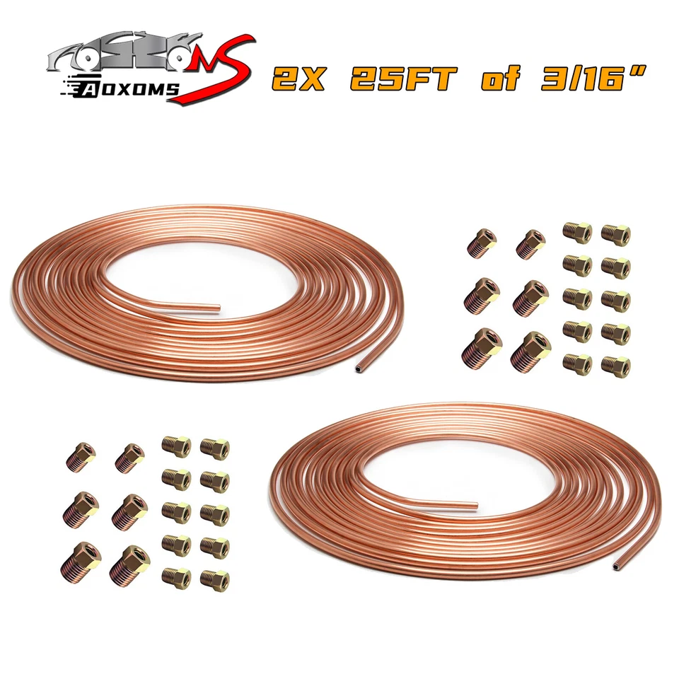 2 x Copper Nickel Brake Line Tubing Kit 3/16 OD 25 FT Coil Roll All Size Fitting — 第 1/4 张图片