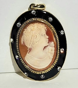 Amedeo Gioiosa Carved Cornelian Cameo Black Enamel Crystal Pendant - Picture 1 of 6