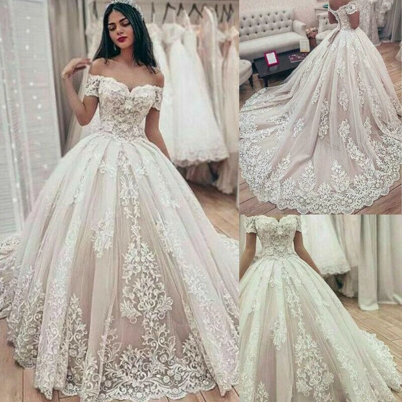 Vestidos de novia con hombros descubiertos apliques de encaje de novia vestidos de baile personalizados Foto 1 de 4