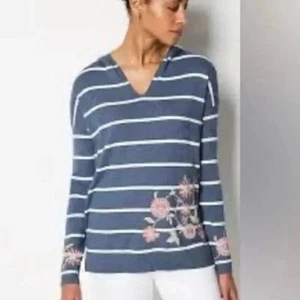 J. Jill NWOT Women's Striped Hoodie Embroidered Floral Blue Sweater Top XS - Imagen 1 de 13