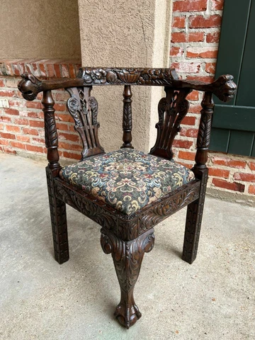 Antique English Carved Oak Corner Chair Renaissance Cover