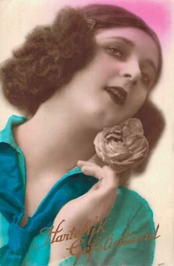 Victorian Style Jugendstil Happy Birthday Woman with a Rose RPPC B28 - Picture 1 of 2