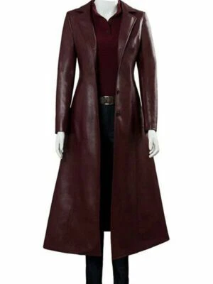 Women's Authentic Real Leather Trench Coat Long Overcoat Maroon Winter Jacket - Image 1 of 4