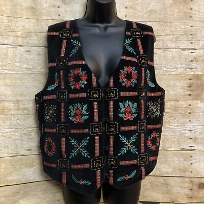 Feo Navidad Chaleco Vestido Granero Talla L Negro Terciopelo Cinta Apliques Cuentas Foto 1 de 4