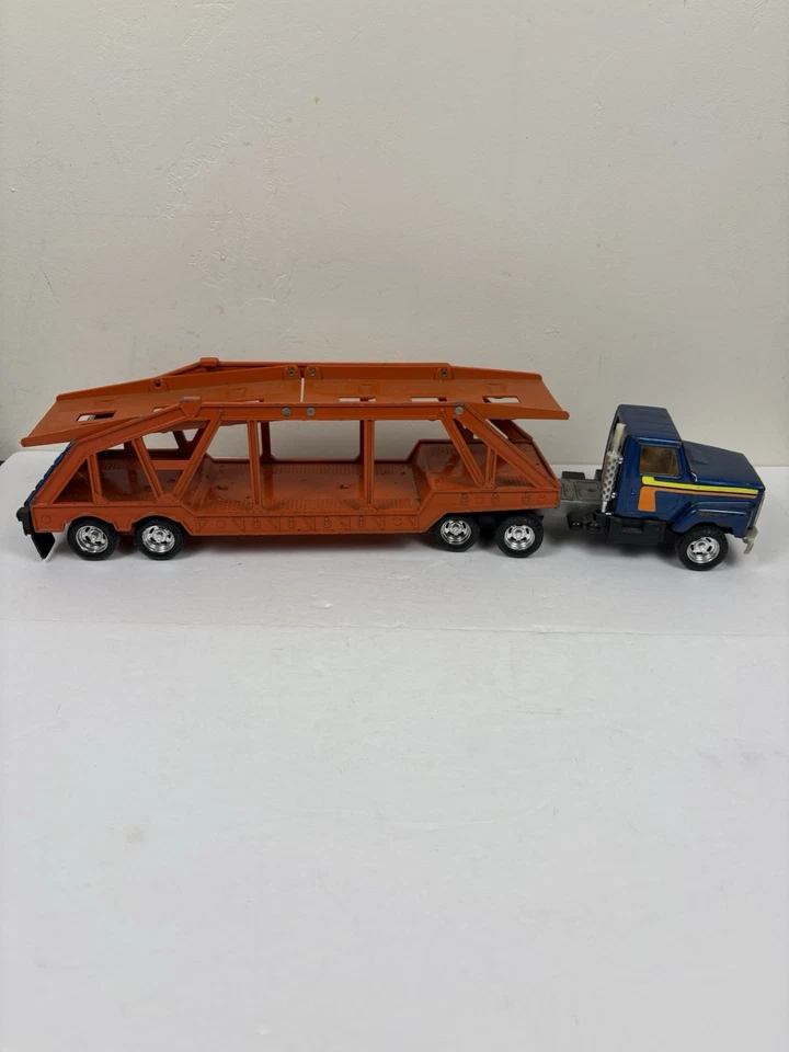 Vintage ERTL Pressed Steel Car Carrier Truck And Trailer Blue/Orange - Image 1 of 4