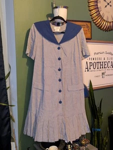 Vintage 80’s DAN HOWARD MATERNITIES Check Dress Cottagecore Sailor Blue Collar L - Picture 1 of 11