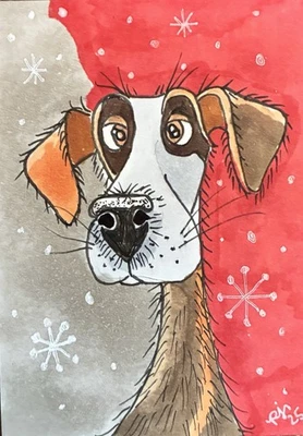 Pintura em miniatura original ACEO Outsider Art PJR “Jasper In The Snow” cachorro filhote - Imagem 1 de 2