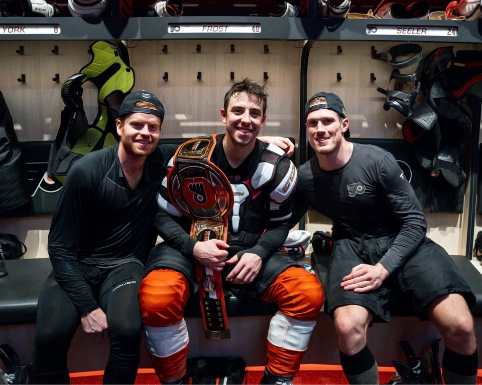 Cam York Morgan Frost Nick Seeler Win Belt Philadelphia Flyers 8x10 NHL Photo - Image 1 of 1