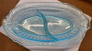 Blue Hocking Depression Glass Mayfair Open Rose Divided Section Celery Dish - Picture 1 of 6